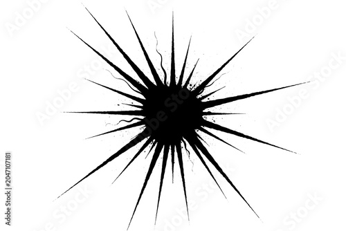 Black Grunge Ink Burst Explosion with Rough Jagged Rays on White Background, Dark Splatter Starburst Texture
