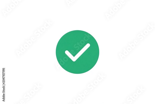 Green Circle Checkmark Icon, White Tick Approval Symbol on Light Background, Flat Minimal Confirmation Badge
