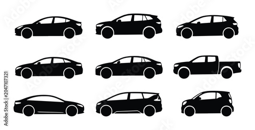 Foto Diverse Car Silhouettes Collection: Sedan, SUV, Hatchback, Pickup Truck Icons