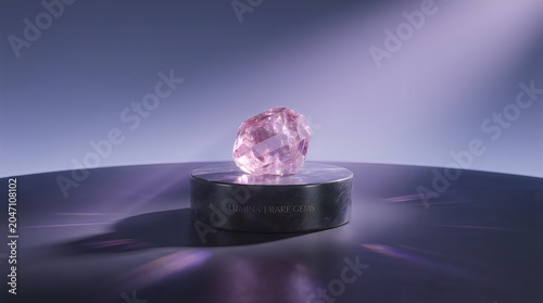 A shiny pink gemstone sitting on a circular dark display pedestal with soft purple lighting