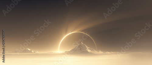 Golden sunrise eclipse over snowy mountain landscape