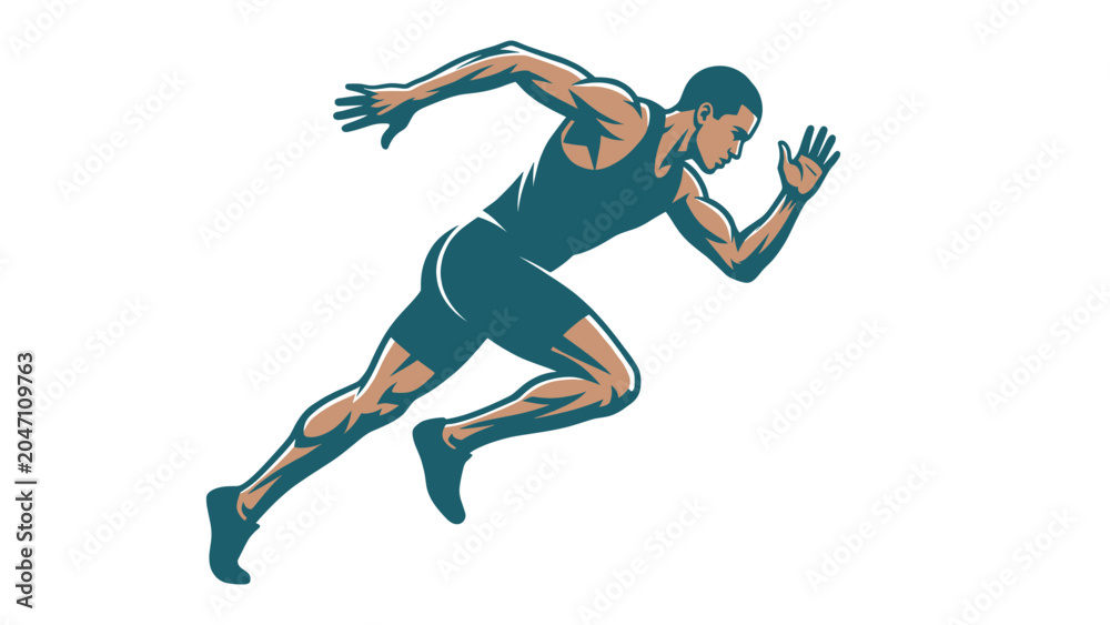 Fototapeta premium A muscular man in a running pose with arms outstretched and legs bent in motion on a white background