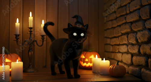 Black cat wearing a witch hat surrounded by pumpkins and candles for halloween