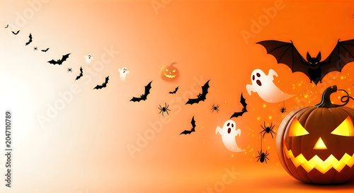 Halloween bats ghosts and jackolanterns on an orange gradient background festive autumn illustration