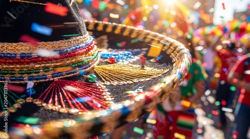Festive sombrero macro with falling confetti in sunlight