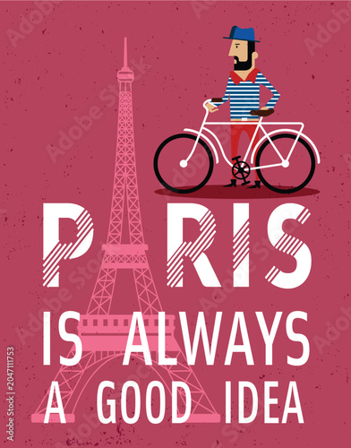 Paris Travel Vector Poster - Eiffel Tower, Cyclist, and Iconic French City Illustration