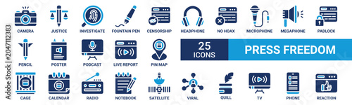 Press freedom icon set. Containing camera, justice, investigate, fountain pen, censorship and more. Solid vector icons collection.