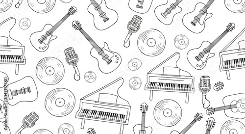 Music instruments seamless pattern with guitars, keyboards, and records on white background