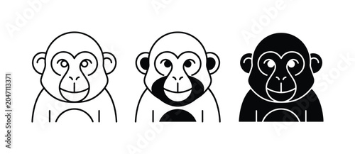 Photography Three Monkey Icons: Outline, Filled, and Silhouette, Simple Vector Art