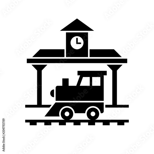 Train Station Icon with Locomotive and Clock Tower