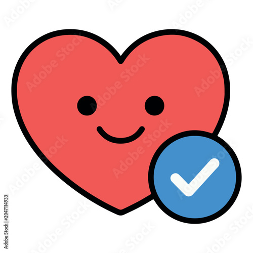 Cute Heart Character Vector Icon with Verified Check Mark Badge Happy Love Symbol for Medical Healthcare Dating App UI
