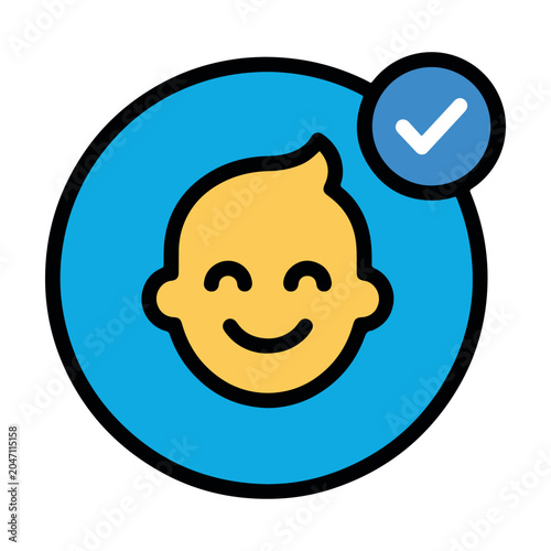 Cute Baby Face Vector Icon with Verified Check Mark Badge Happy Infant Character Logo for Parenting Application UI Asset

