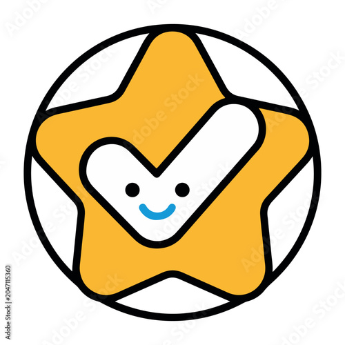Cute Star Character Vector Icon with Verified Check Mark Symbol Happy Yellow Star Badge for Rating Achievement Game UI
