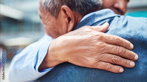 Two elderly men share a heartfelt embrace, one hand resting gently on a shoulder, conveying deep emotional support, comfort, and human connection in a tender moment.