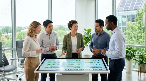 Diverse business team discussing global ESG strategy on interactive tablet table, corporate sustainability meeting, environmental social governance planning