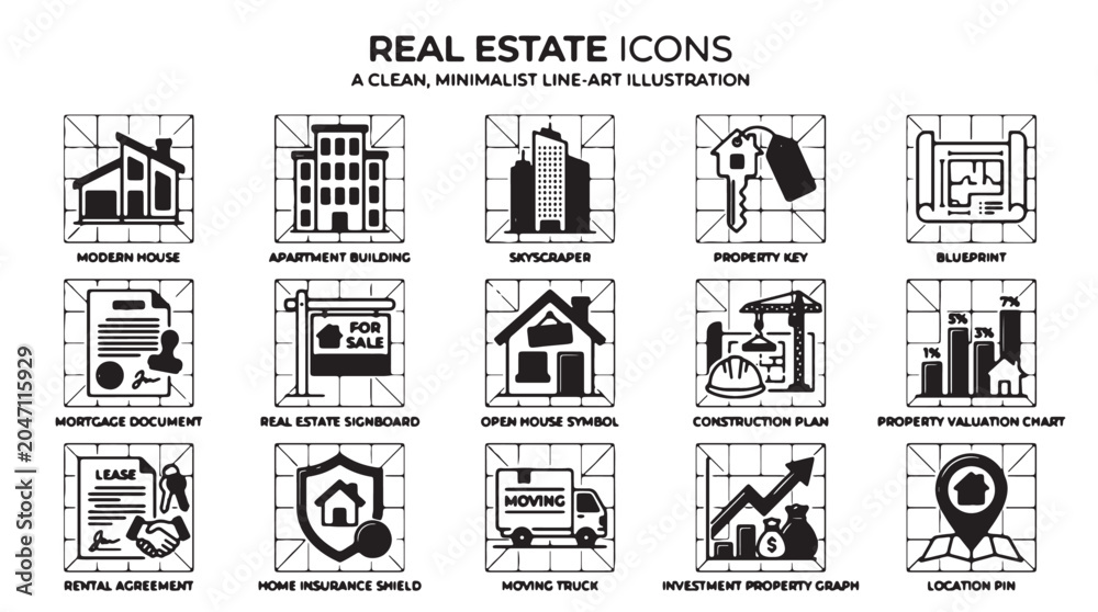 Naklejka premium Real Estate Icons, Vector Graphics, 25 Black and White Illustration Set