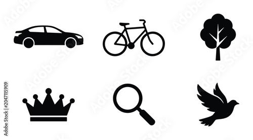 Canvastavla Black Silhouette Icons: Car, Bicycle, Tree, Crown, Magnifying Glass, Dove, Vecto