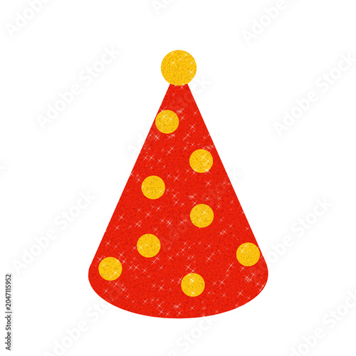 Festive birthday cone hat illustration with yellow dots pattern, isolated vector art. Red conical party hat with yellow polka dots and pompom on transparant background. Vibrant red celebration cap ico
