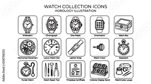 Schilderij op canvas Watch icons, clock illustrations, horology symbols, timepiece collection