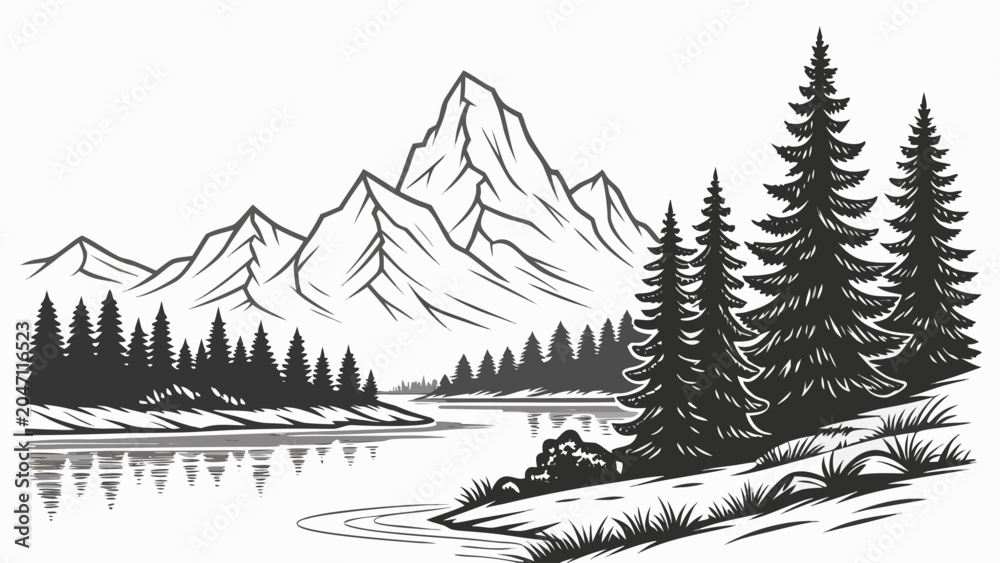 Fototapeta premium Mountain range with pine forest and reflective lake mountain landscape
