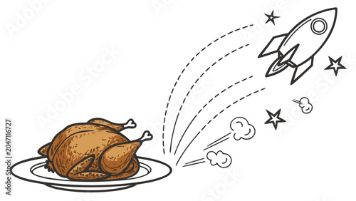 Fotografie Conceptual illustration of a whole roasted chicken launching like a rocket