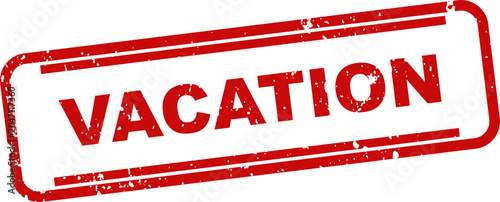Red rubber stamp with the word vacation inside a rectangular frame on white background