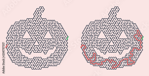 Puzzle maze in the form of a pumpkin lantern on pink background  