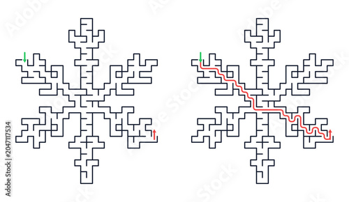 Maze puzzle in the form of a snowflake with pathways and outlines  