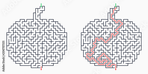 Labyrinth puzzle in the shape of a pumpkin with red path illustration  
