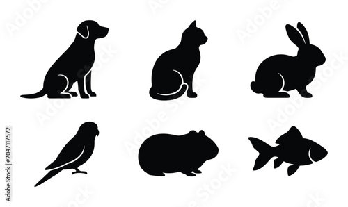 Bild auf Leinwand Six Silhouette Pet Icons: Dog, Cat, Rabbit, Bird, Guinea Pig, Fish Vector Set