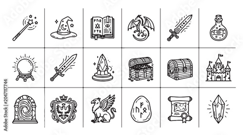 Fotografie Fantasy RPG game icons set, 18 magic adventure line art vectors, medieval quest