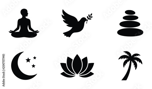 Canvas Print Zen Icons: Meditation, Peace Dove, Stacked Stones, Moon, Lotus, Palm Tree Vector