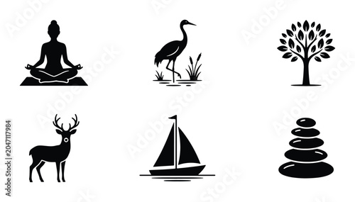 Photography Zen Yoga Silhouette, Heron Bird, Tree Icon, Deer Animal, Sailboat, Stacked Stone