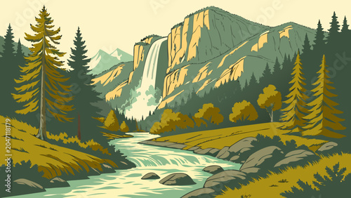 Illustration of a majestic waterfall and mountain river landscape with waterfall