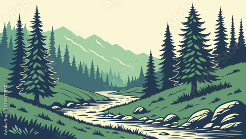 Vintage style landscape illustration of mountain river and forest with mountain