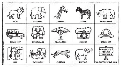 Photos African safari line icons set, hand drawn wildlife animals and adventure equipme