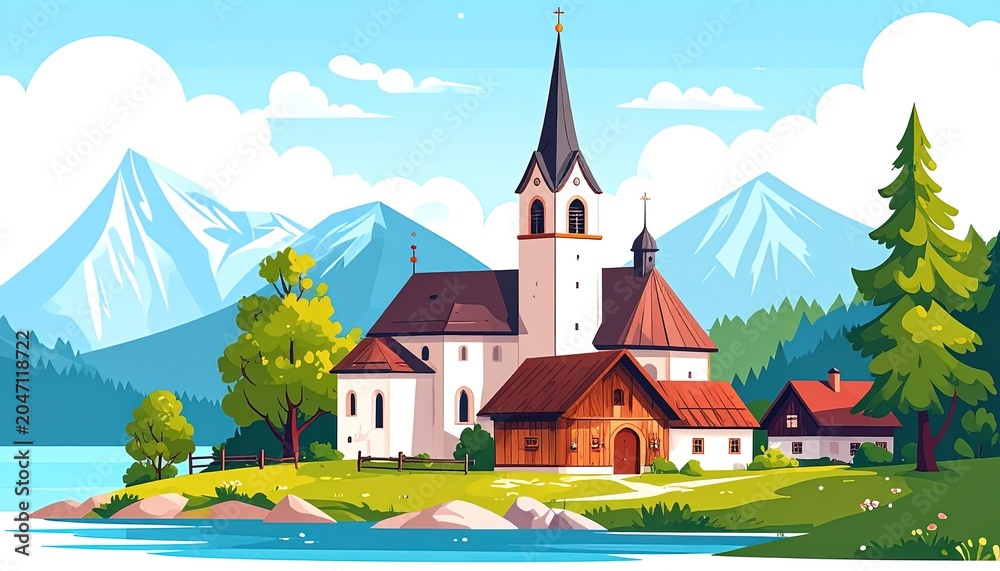 Naklejka premium Serene church by tranquil lake mountain.