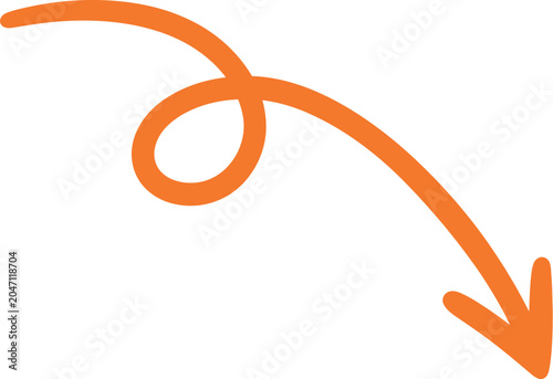 Hand Drawn Orange Curved Loop Arrow Pointing Down Doodle Vector Illustration
