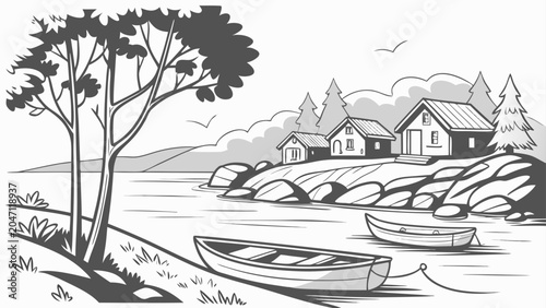 Foto Graphic illustration of lakeside cabin village scene with illustration, dwelling
