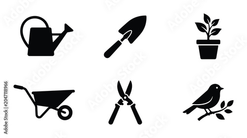 Schilderij op canvas Gardening Tools and Plant Icons: Watering Can, Trowel, Potted Plant, Wheelbarrow