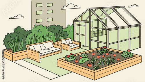 Urban community garden with greenhouse and raised vegetable beds, greenhouse