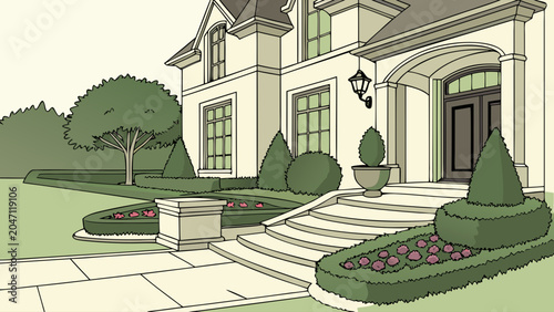 Elegant traditional house entrance with landscaped front garden, entrance