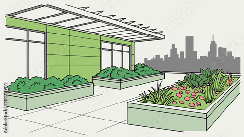 Modern urban rooftop garden terrace with city skyline view, architecture