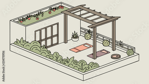 Isometric rooftop yoga studio with pergola and garden isometric wellness