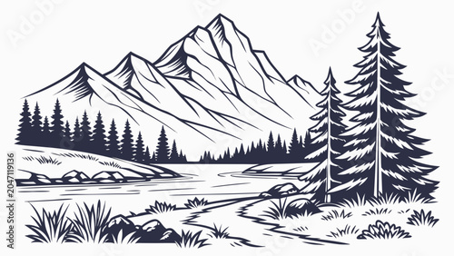 Scenic mountain landscape with forest lake and pine trees mountain landscape
