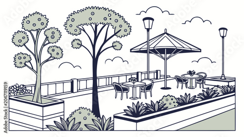 Outdoor cafe terrace with tables and umbrellas restaurant umbrella exterior