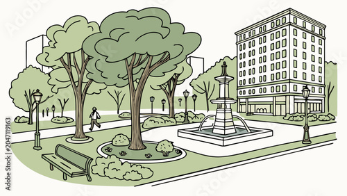 Public city park with fountain and historic building fountain building