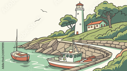 Coastal lighthouse and fishing boats in harbor illustration with lighthouse
