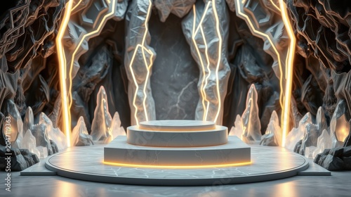 Futuristic stage design. Glowing lines accentuate rocky formations. Circular platform centers composition, creating dramatic presentation space.