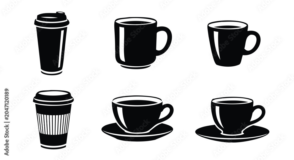 Fototapeta premium Six Black Coffee and Tea Cup Icons on White Background